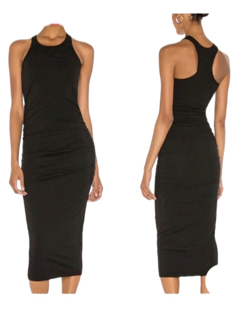 MICHAEL STARS Vivian Black Racerback Midi Dress With Side Ruching